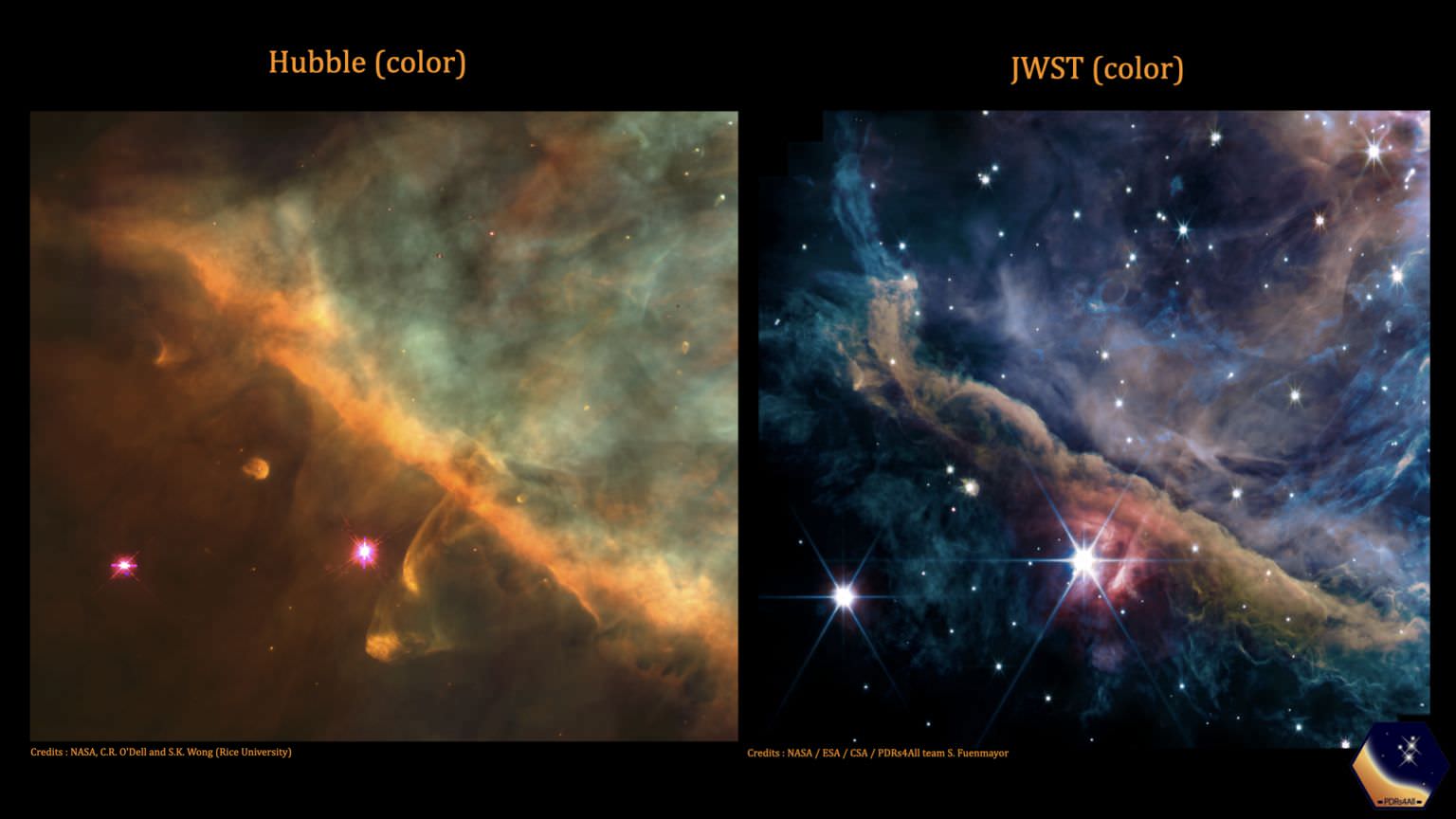 Comparison of James and Hubble image of Orion Nebula