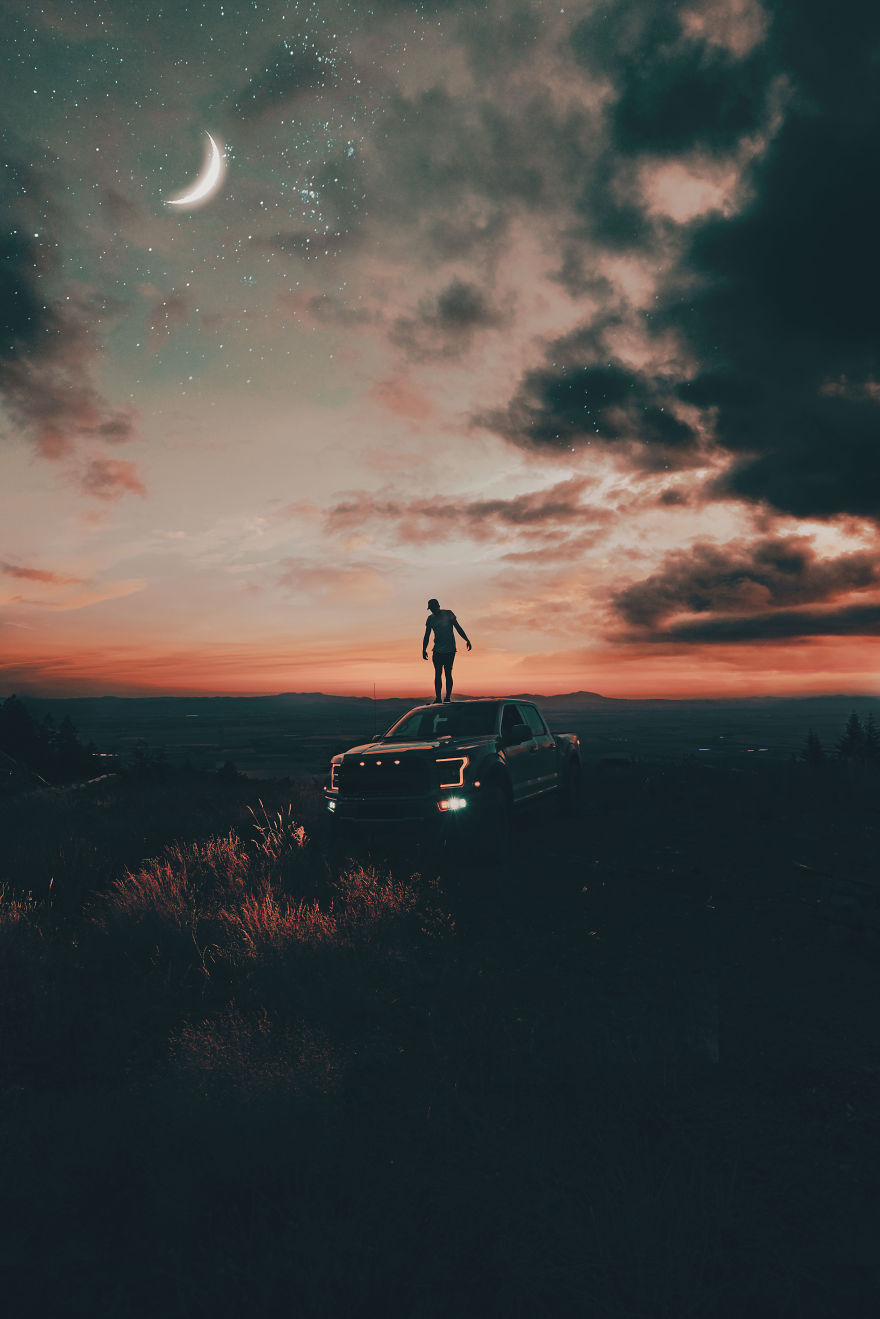 Digital art/Standing on a car under a sunset sky