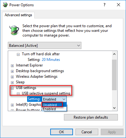 Disable USB selective suspend settings