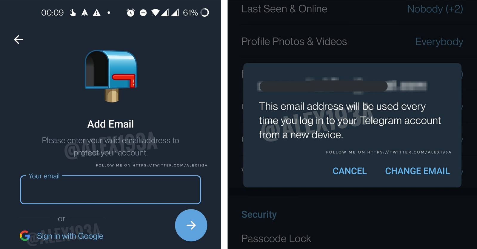 Screenshot of settings to add email to Telegram account
