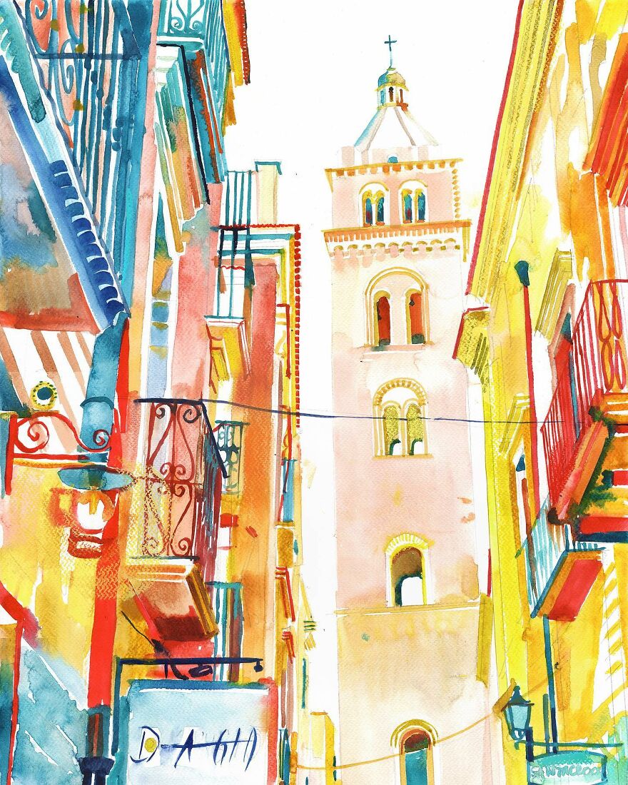 Watercolor painting of architecture of famous cities