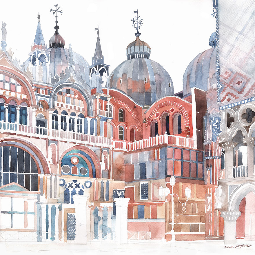 Watercolor painting of architecture of famous cities