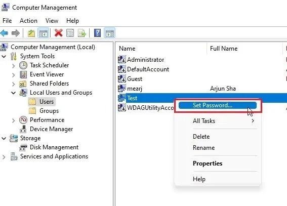 1- Change Windows 11 password through Computer Management