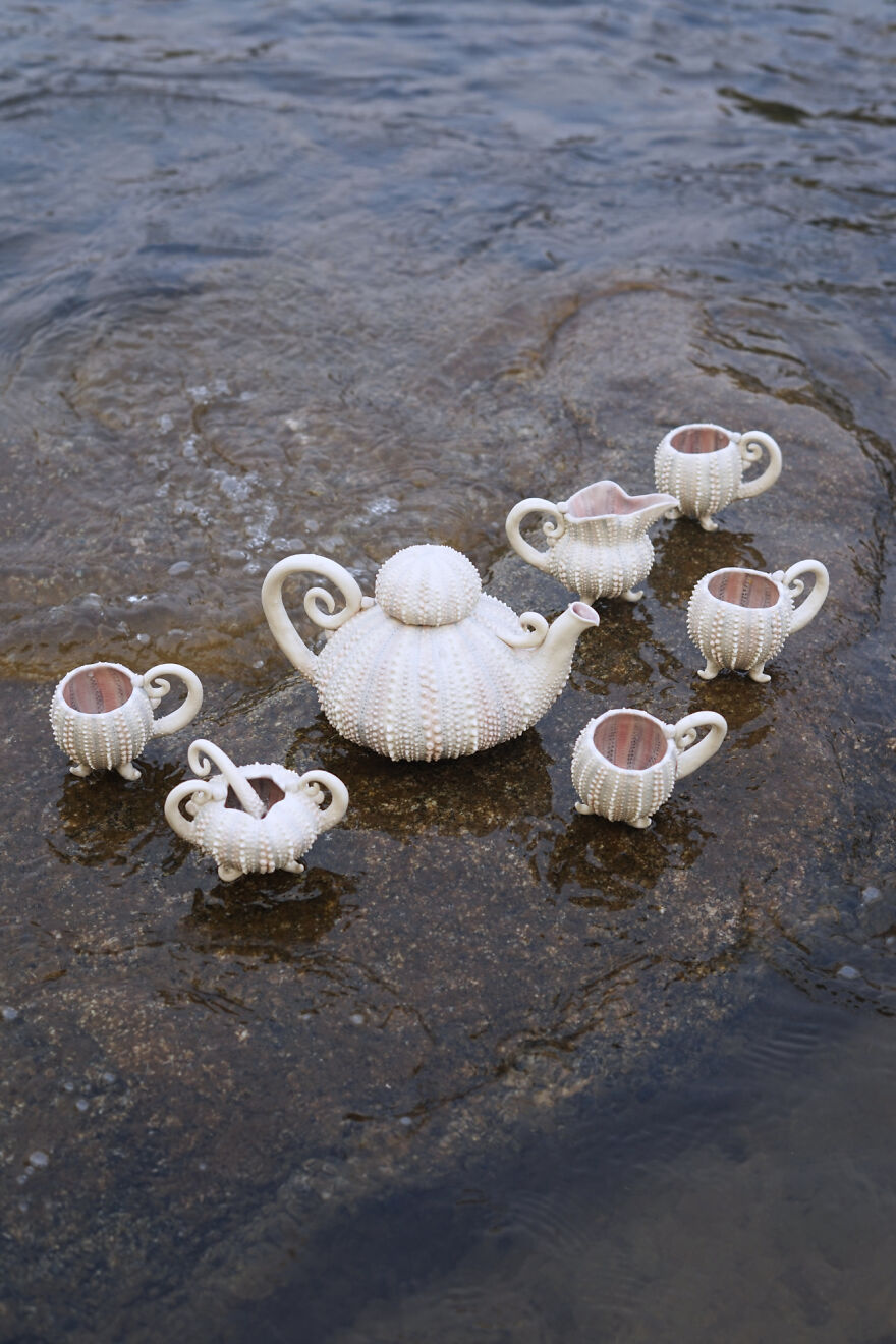 Ceramic set/white coral coffee set on the beach