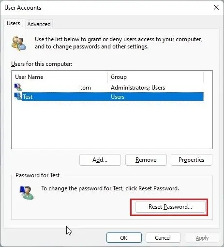 Change password in Windows 11 (without knowing current password)