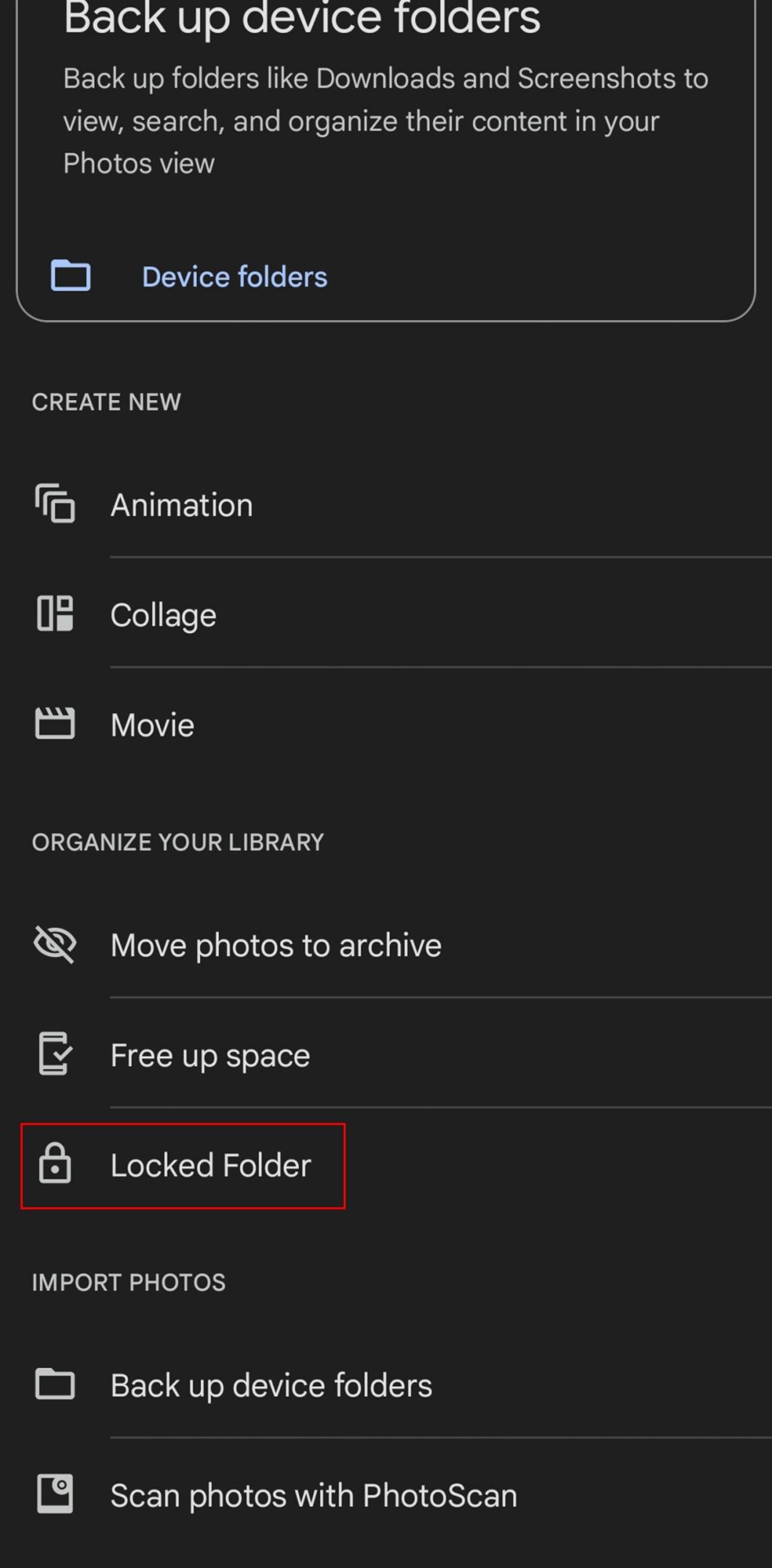 Different menu options of Google Photos / Locked Folders are underlined
