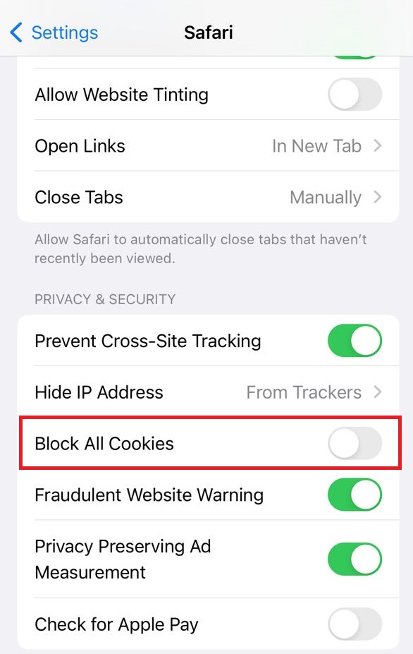 Enable cookies in the iPhone Safari browser