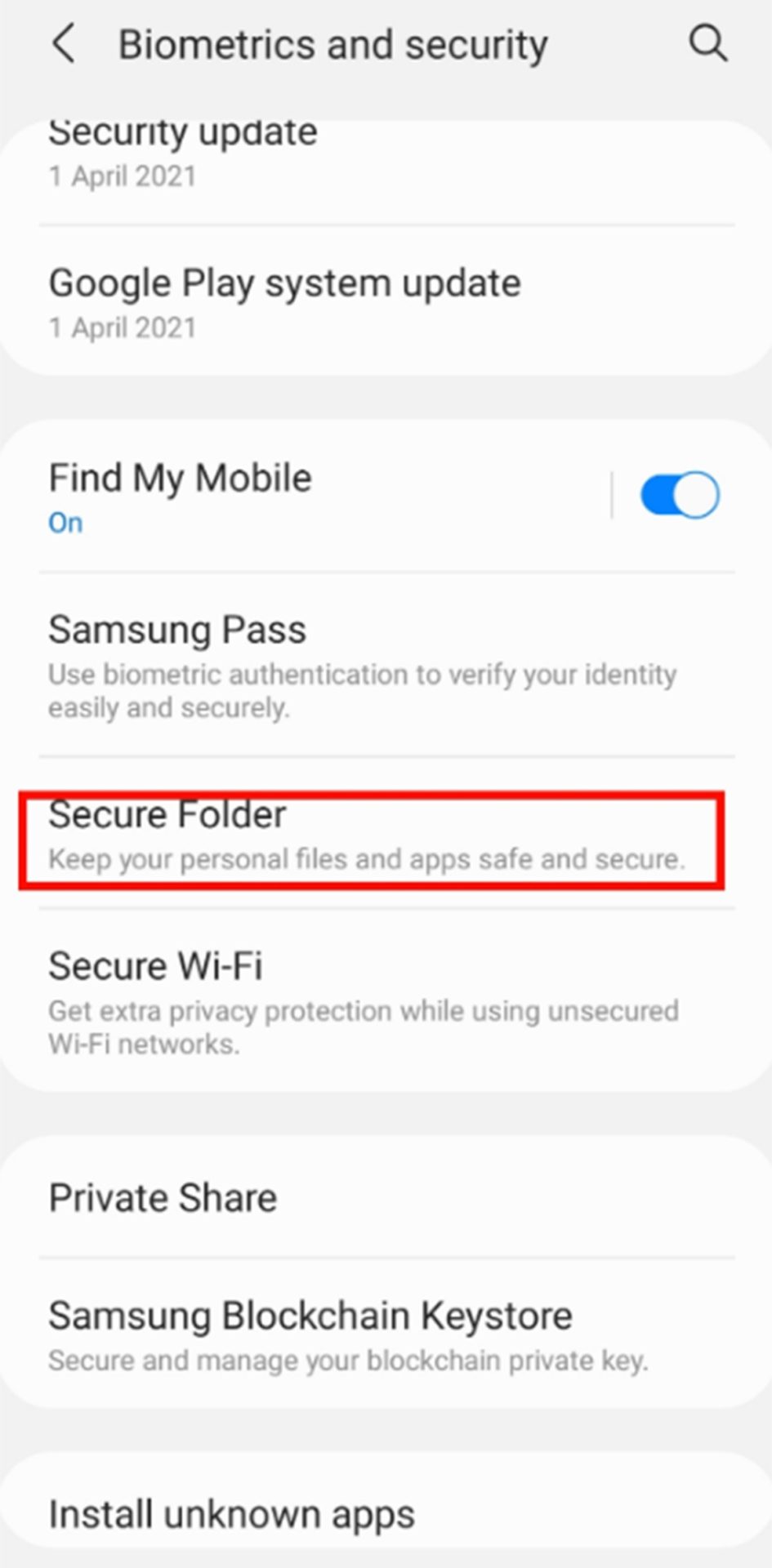 Samsung settings menu/around the secure folder option is crossed out