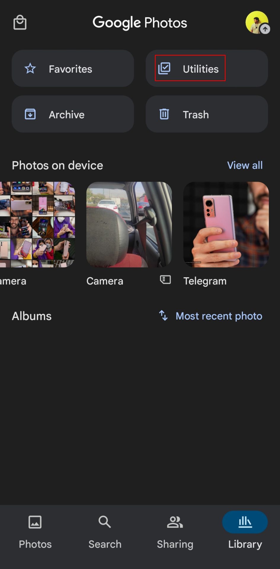 Screenshot of Google Photos with a red line drawn around the utilities option