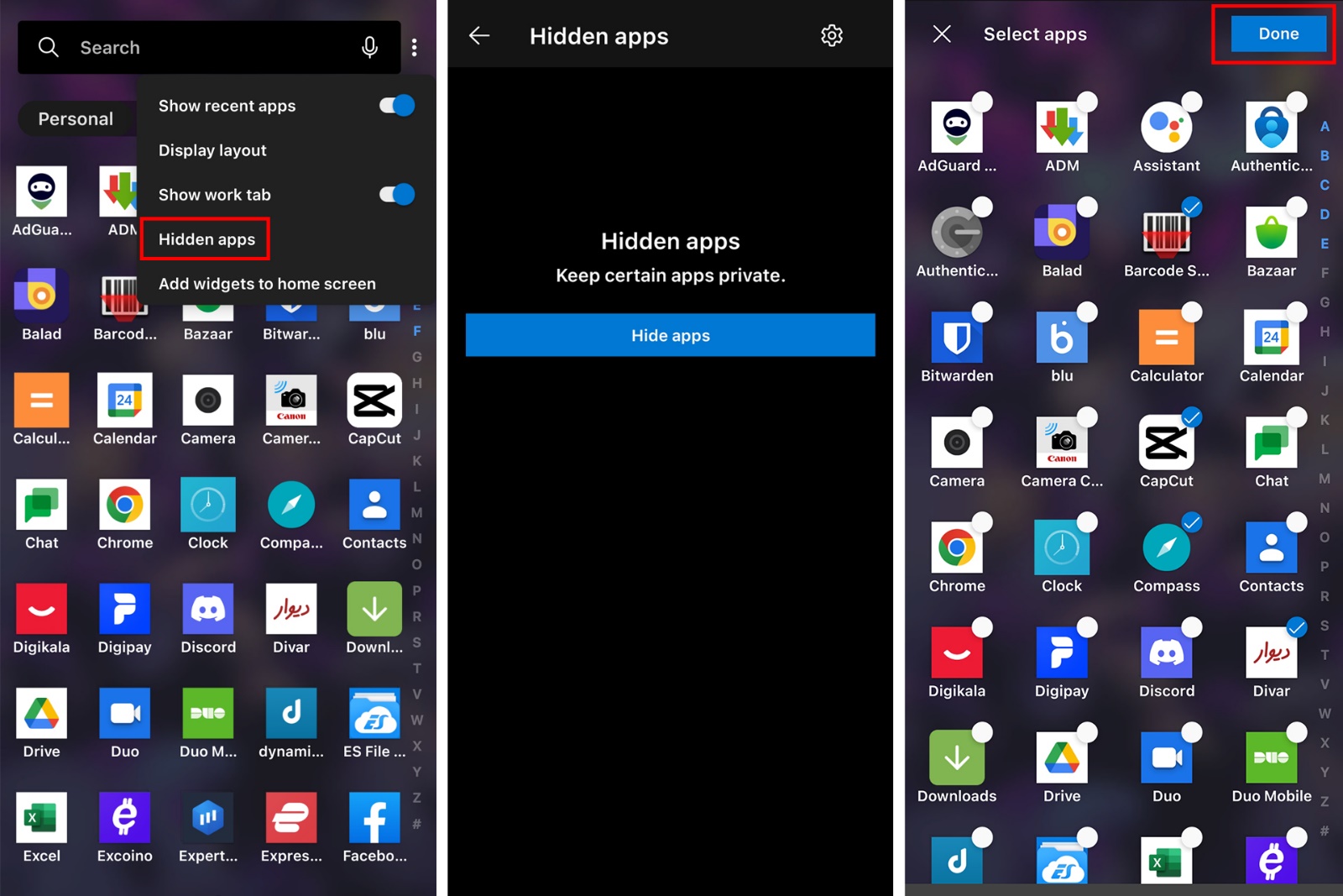 Screenshot of steps to hide apps in Microsoft Launcher