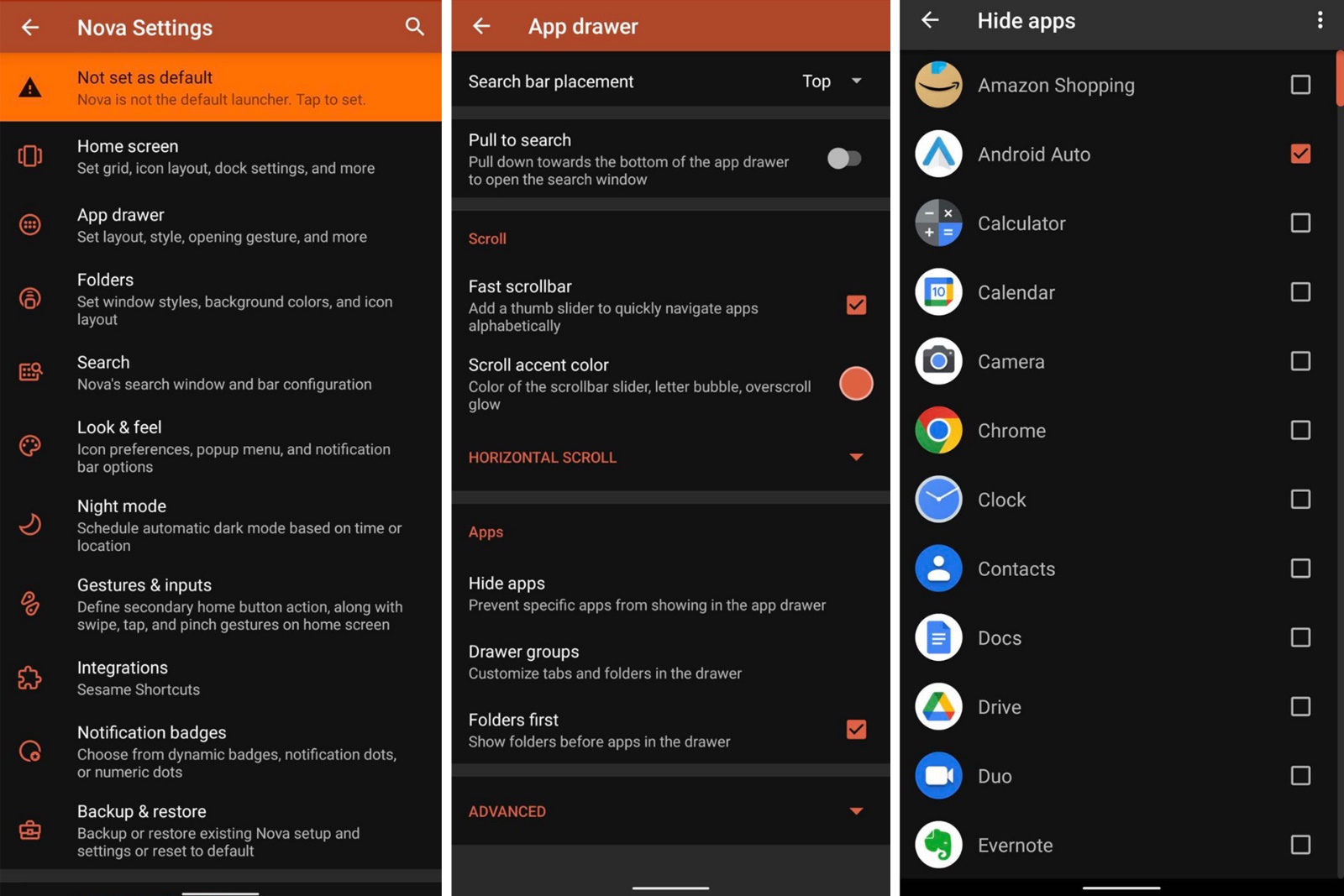 Screenshots of different steps of hiding applications in Nova Launcher
