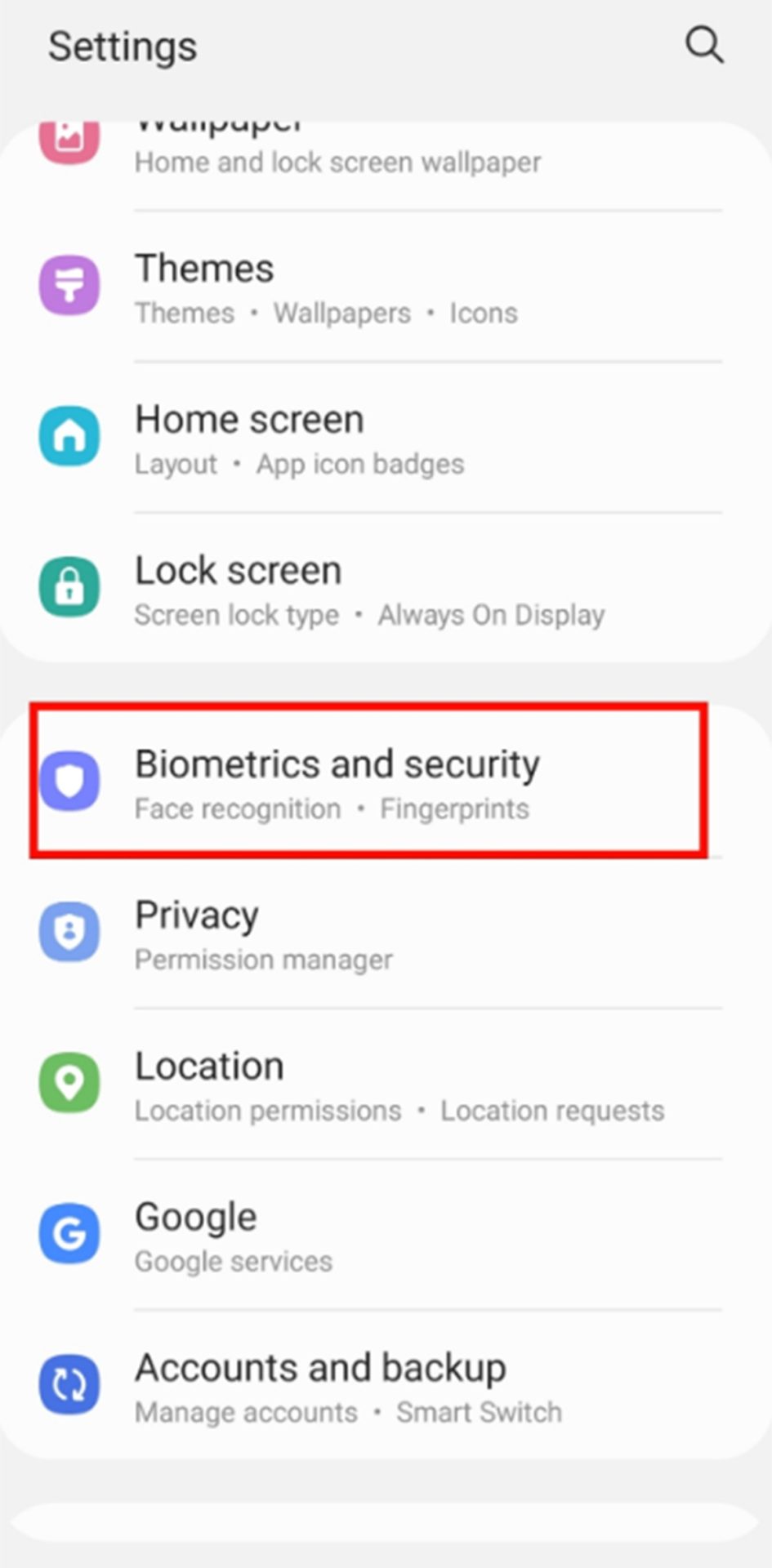 Settings menu/round biometric option is underlined