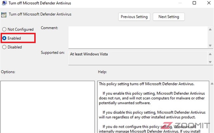 The fifth step is to disable Windows 11 antivirus through Group Policy