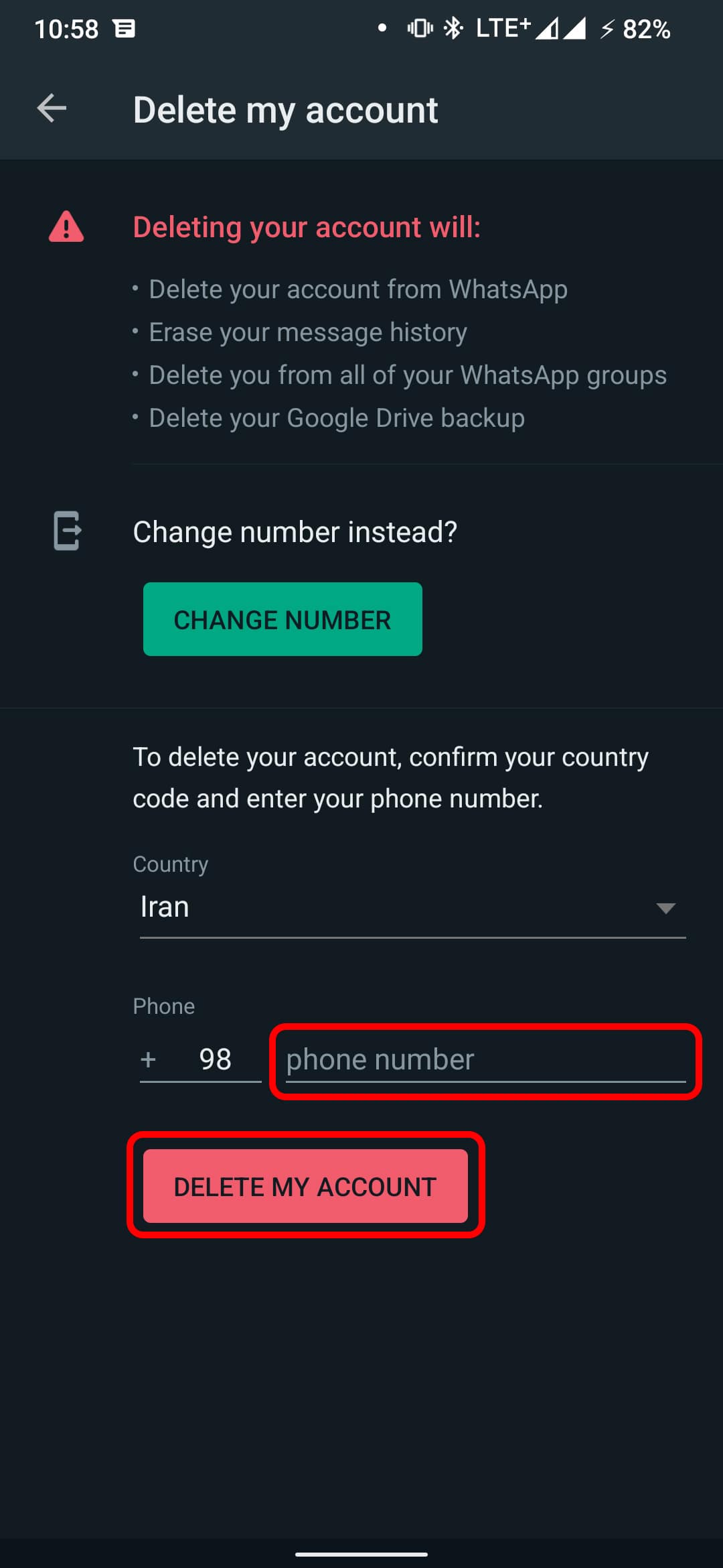The fifth step of deleting WhatsApp account on Android