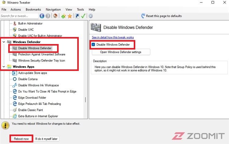 The fourth step is to disable Windows 11 antivirus through Winaero Tweaker