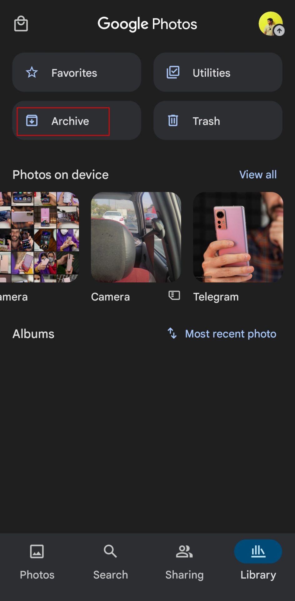The red line drawn around the archive option in Google Photos