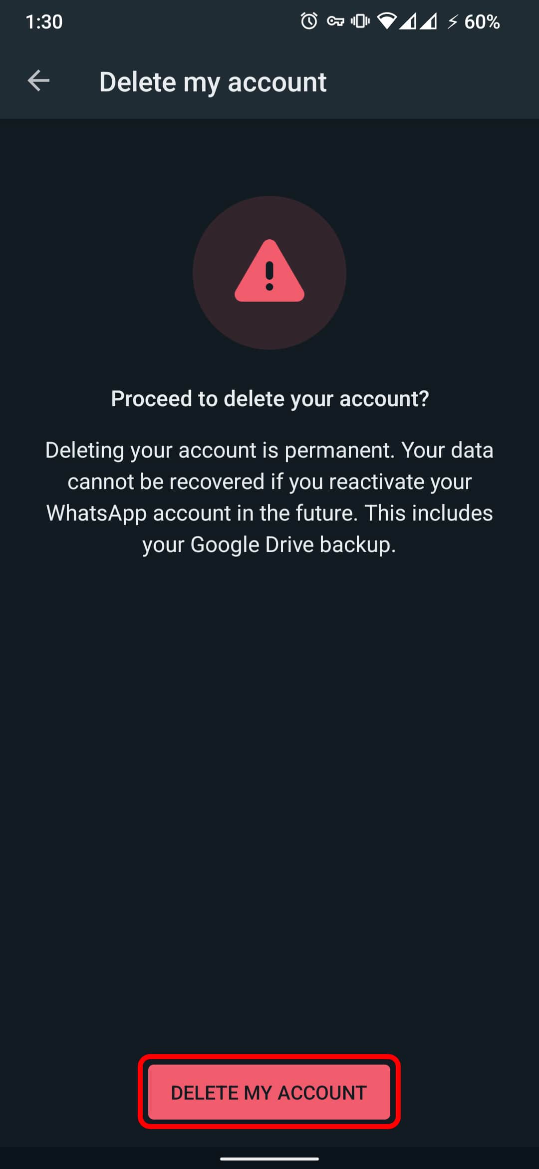 The seventh step of deleting WhatsApp account on Android