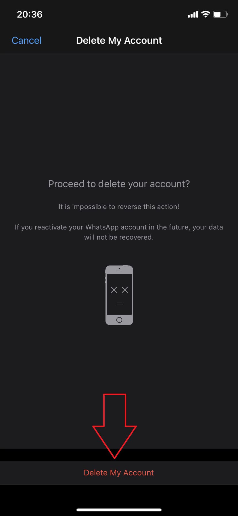 The sixth step is to delete the WhatsApp account on iOS