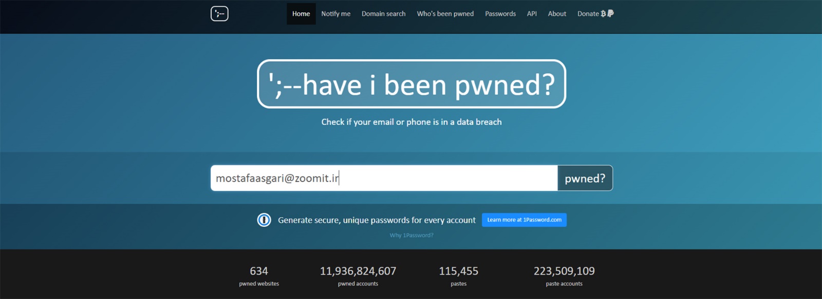 A screenshot of the Pwned site showing a person's email in the middle of the page