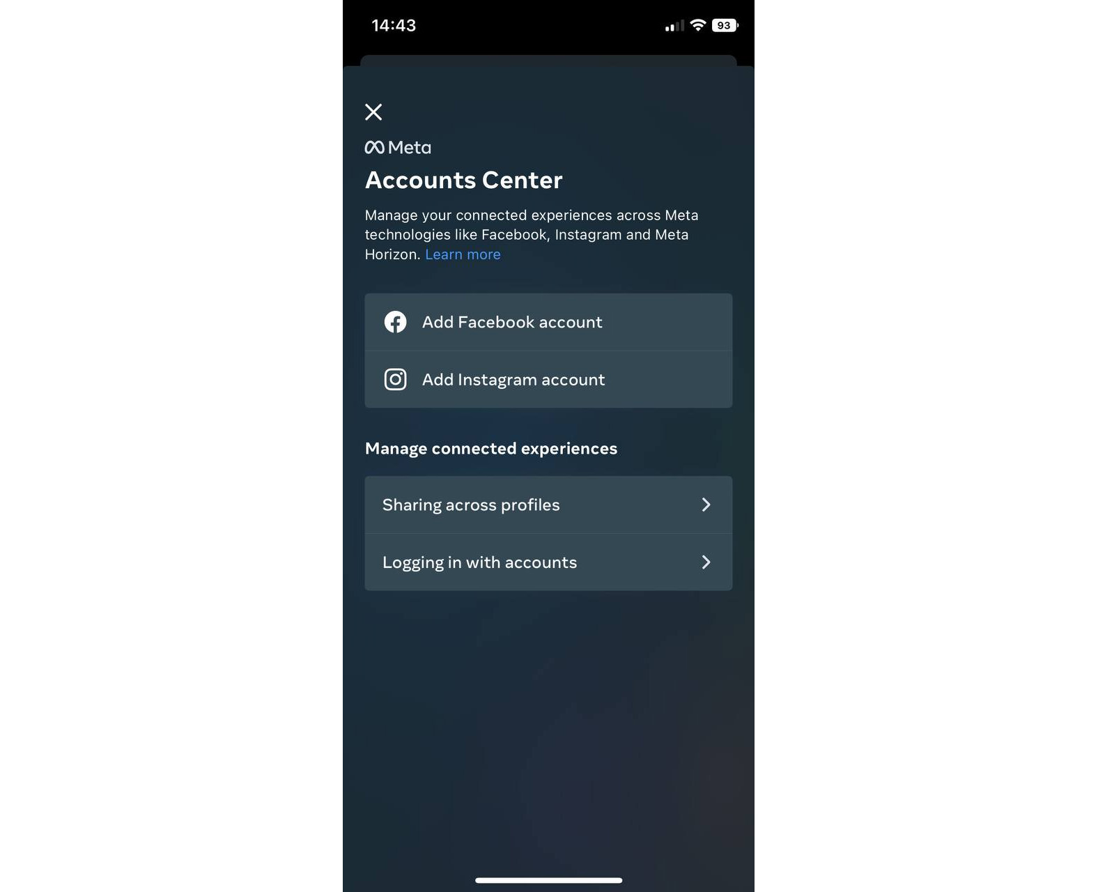 Accounts Center meta section on the Instagram settings page