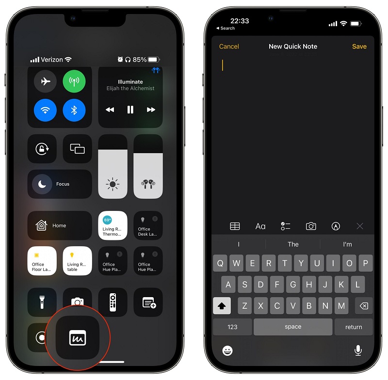 Add Quick Notes to iPhone Control Center
