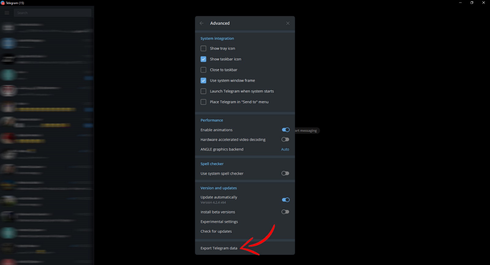 Advanced menu in Telegram desktop