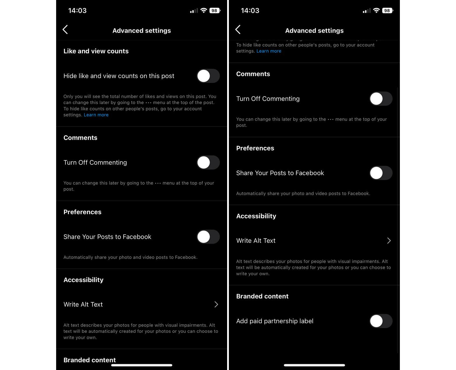 Advanced settings section when posting on Instagram