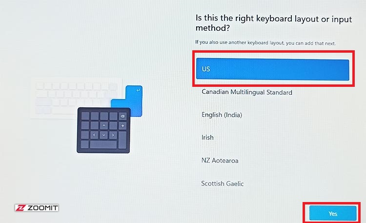 Choosing the keyboard language when installing Windows 11