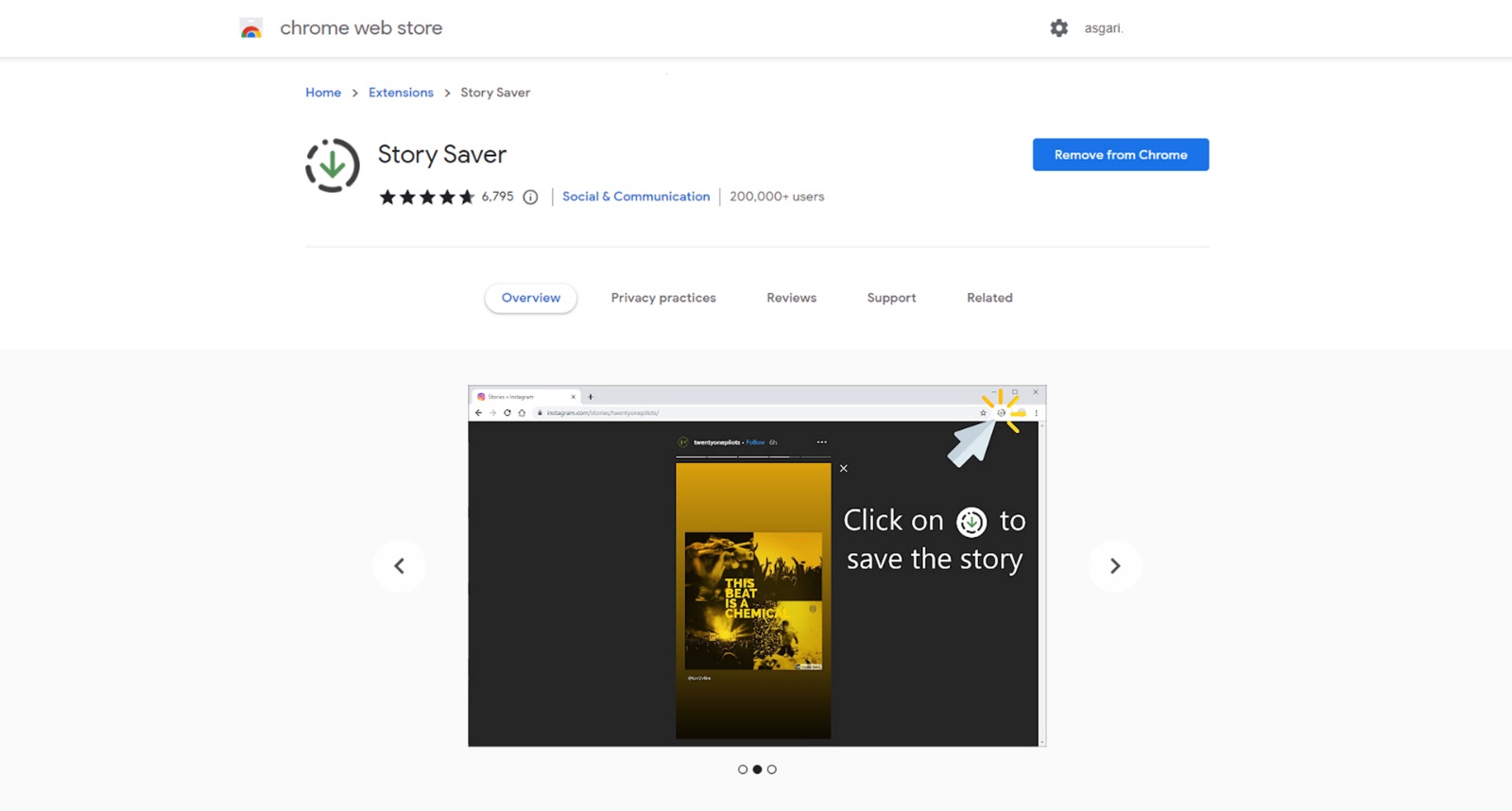 Chrome story saver extension download page