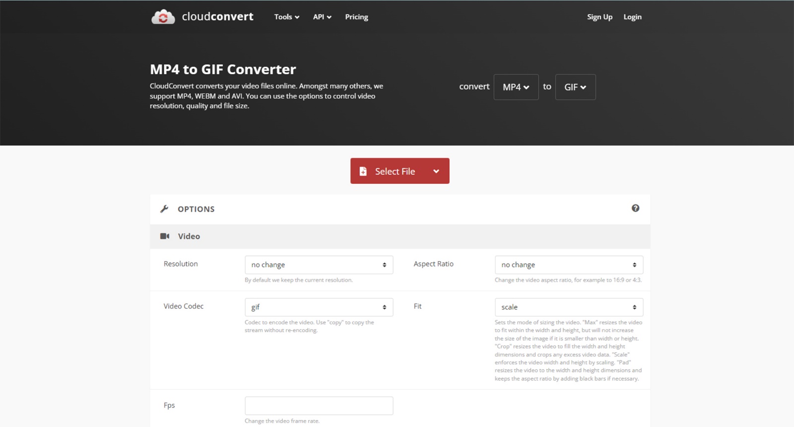 CloudConvertor website page where video should be uploaded
