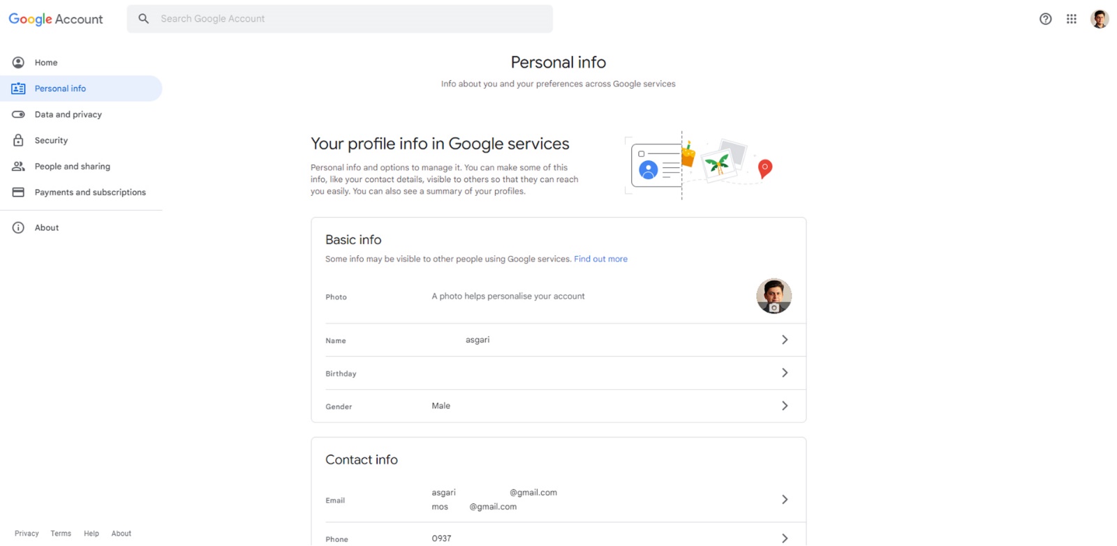 Gmail personal information page