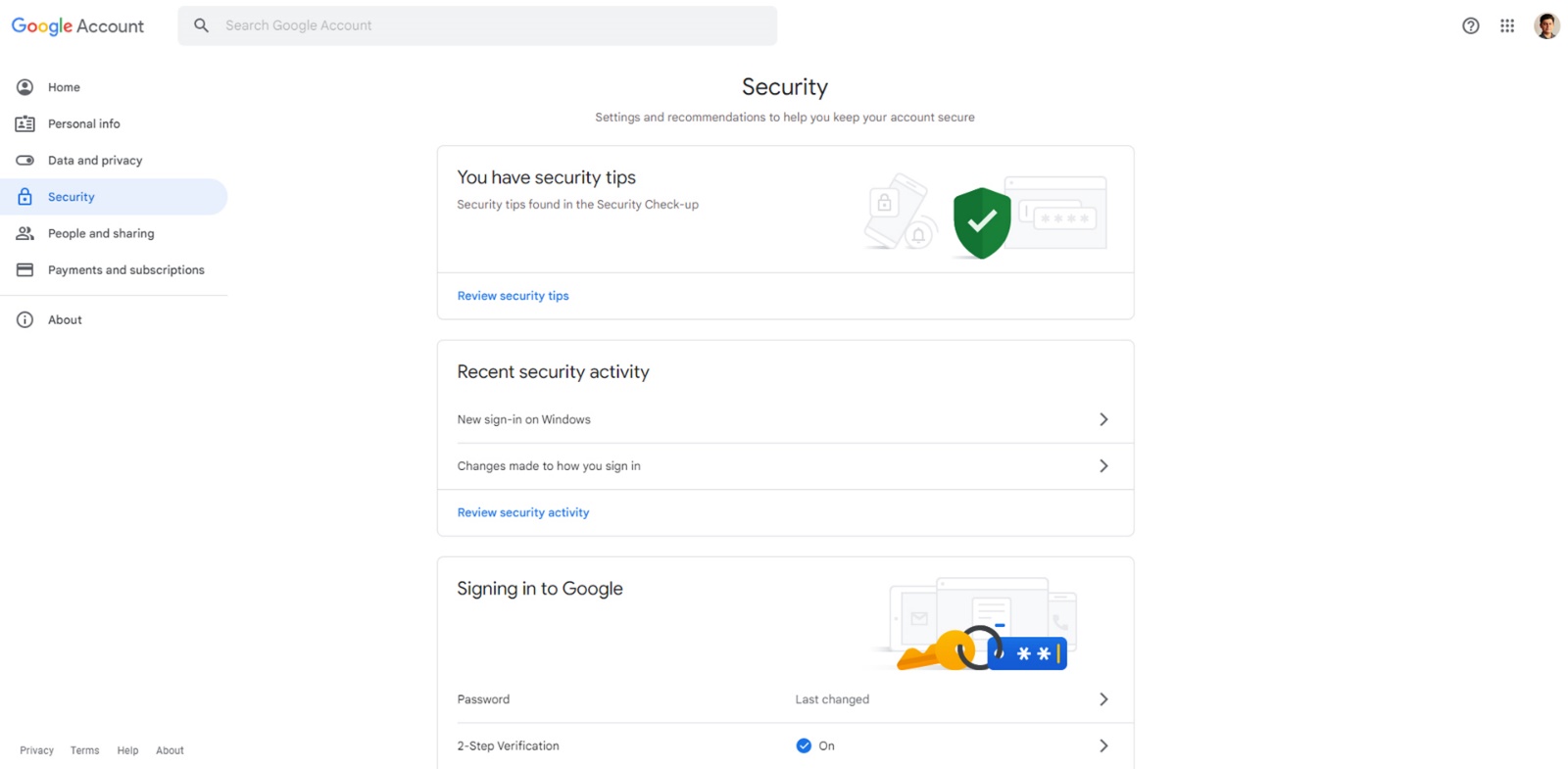 Google account security section