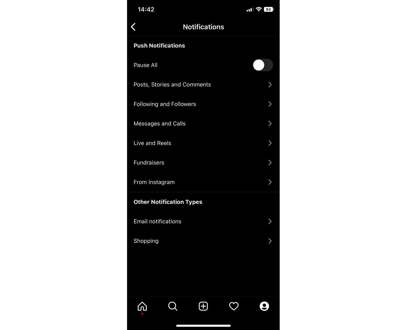Instagram notification settings menu on iPhone
