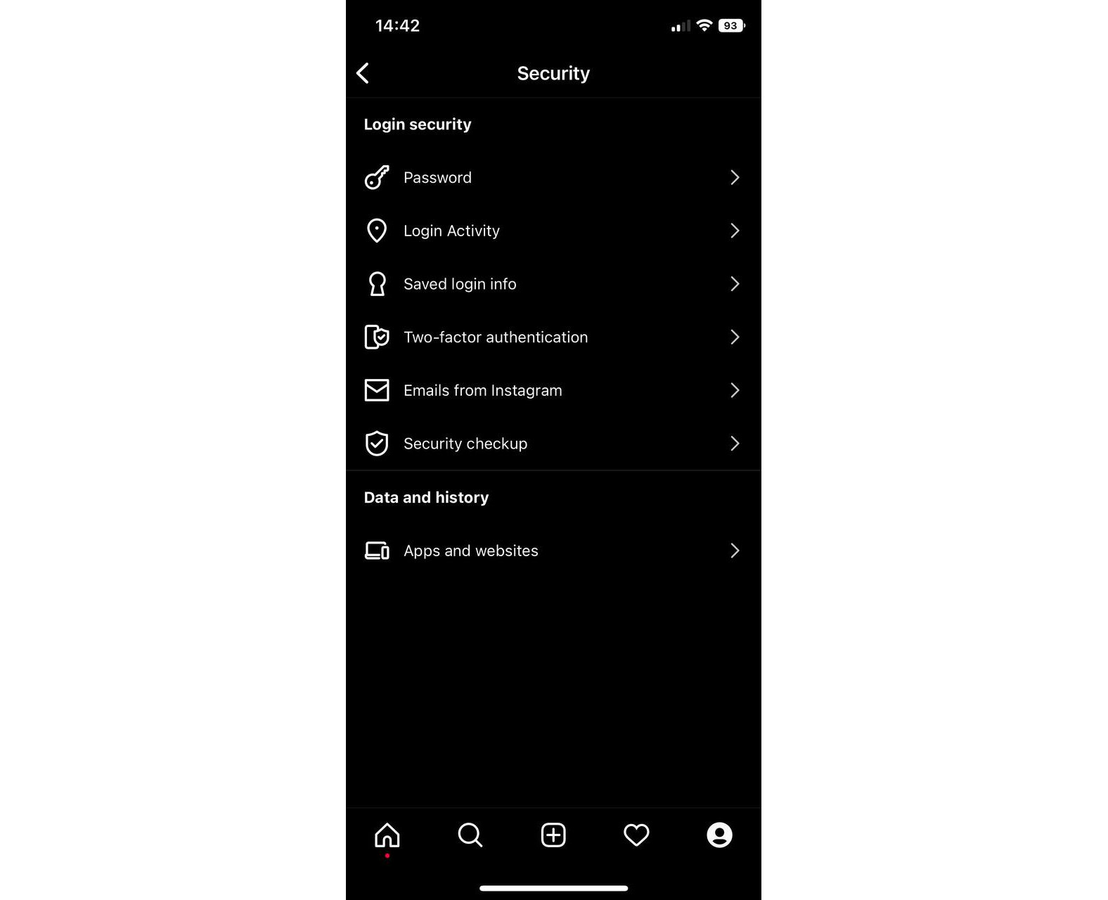 Instagram security settings menu on iPhone