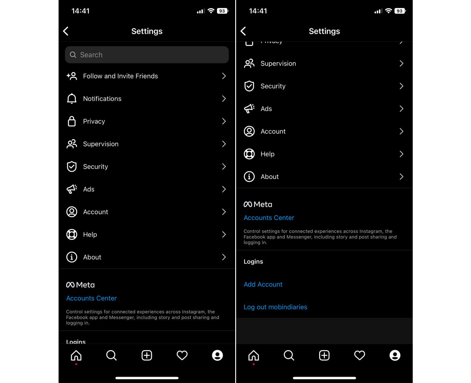 Instagram settings page on dark mode iPhone