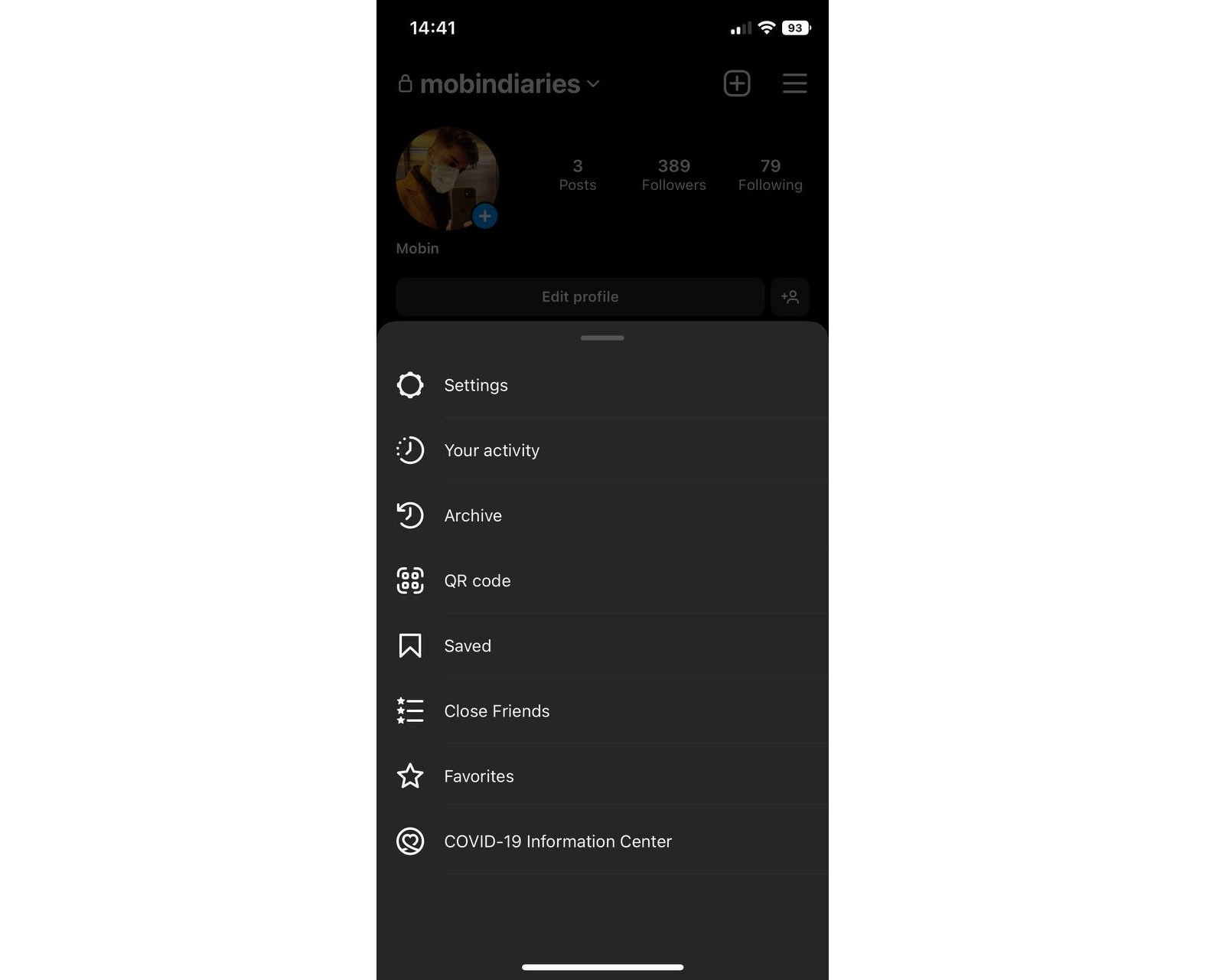 Instagram three-line menu on dark mode iPhone