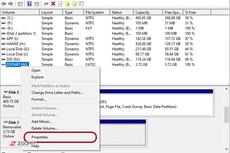 Open the properties of drives in disk management