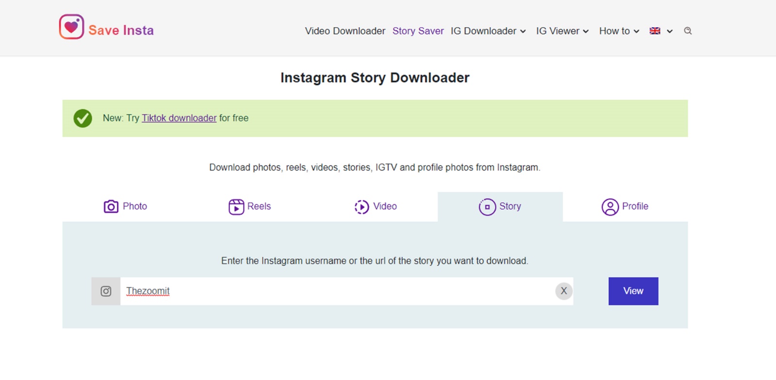 Screenshot of a site to download from Instagram