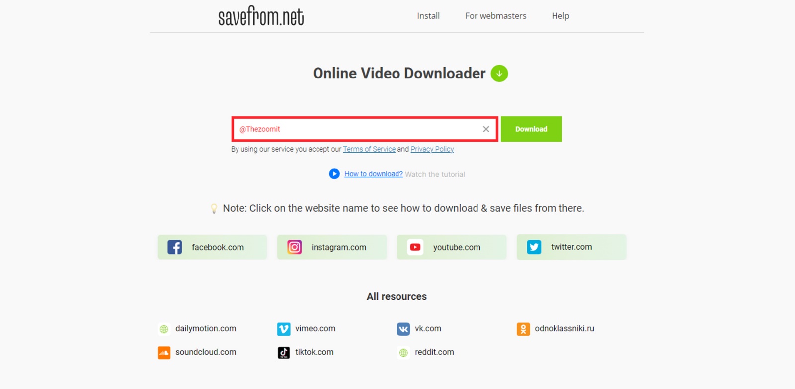 Screenshot of savefromnet site