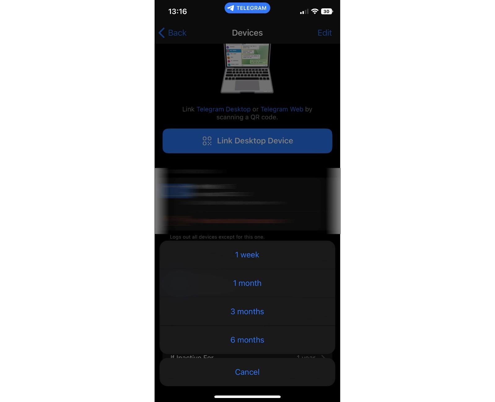 Screenshot of Telegram iOS iPhone auto delete settings page