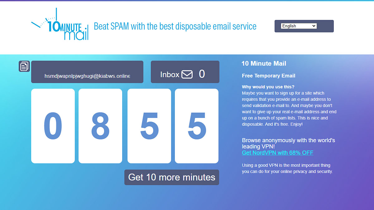 Screenshot of the 10 Minute Mail website