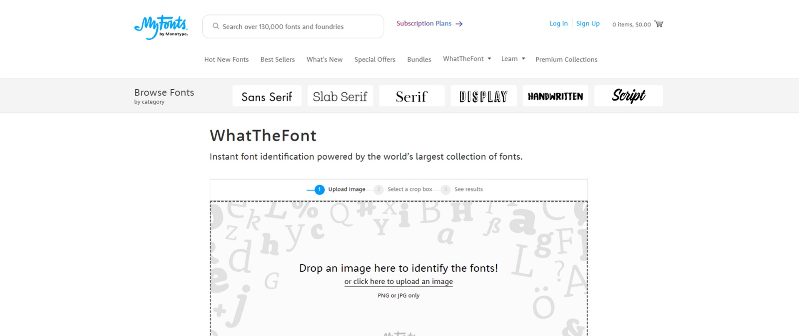 Screenshot of the myfont site that shows different fonts and photo upload location