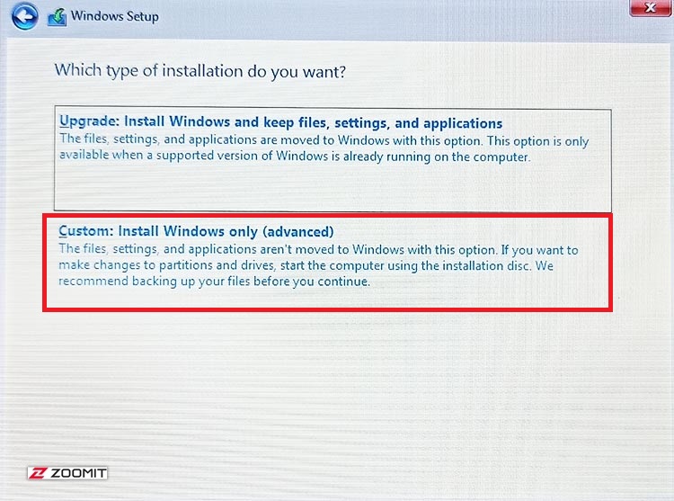 Select the installation type of Windows 11