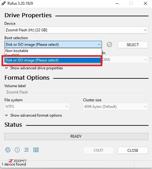 Selecting Iso mode in rufus software