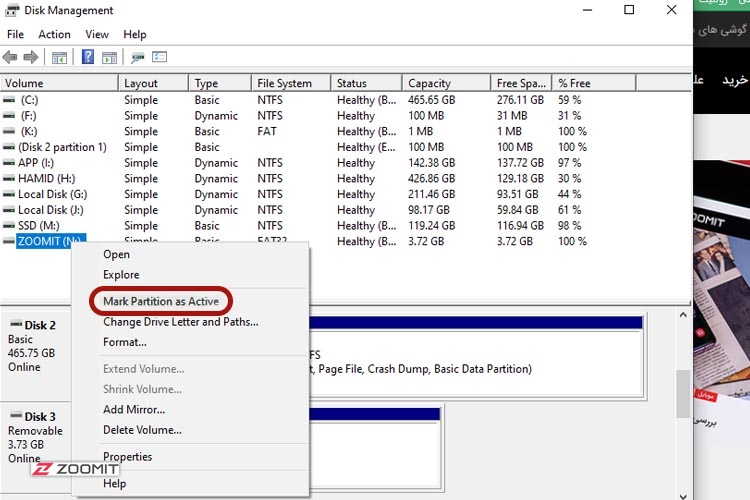 Selecting the Mark Partition as Active option in Windows Disk Management