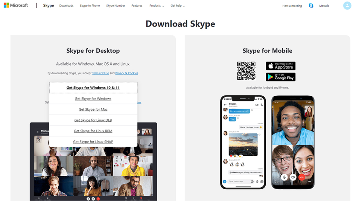 Skype download page for Linux