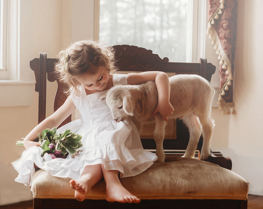 The interaction of children and animals White Lamb / Andrea Martin