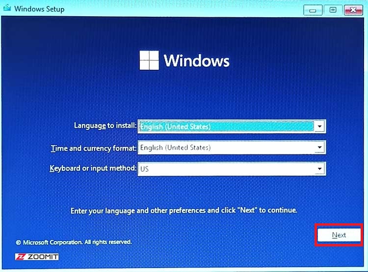 Windows 11 installation language selection menu