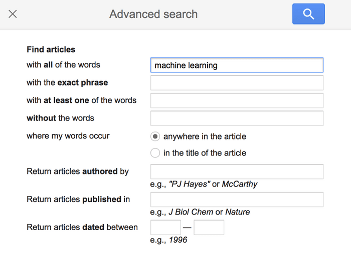 Advanced search in Google Scholar