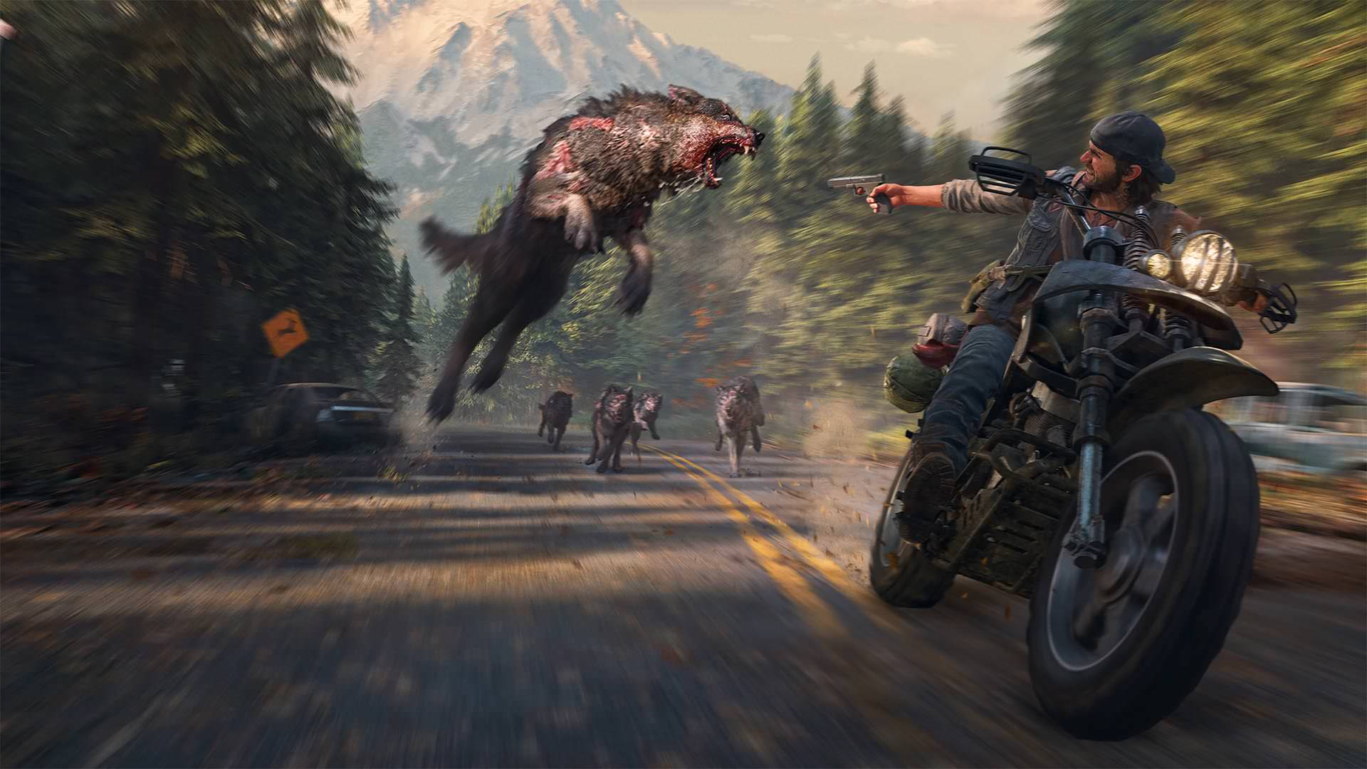 Deacon riding a motorcycle and shooting a wolf in Days Gone